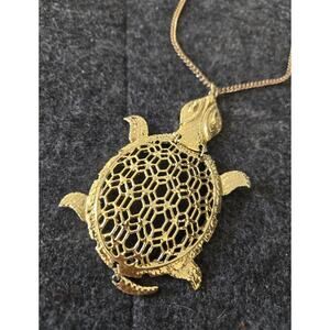 Articulated Unsigned 1970s Large Gold Tone Turtle Pendant in Filigree Design